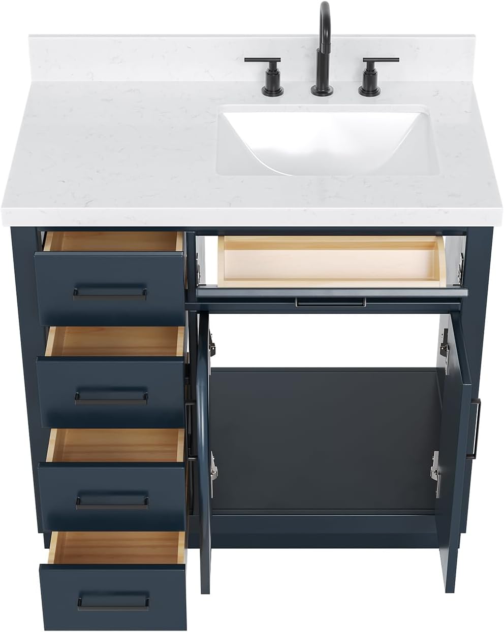 ARIEL Hepburn 36-inch Bathroom Vanity with Sink,Solid Wood, 1.5-inch Carrara White Quartz Countertop, Single Rectangular Porcelain Sink, 2 Soft Closing Doors, 5 Dovetail Drawers, Midnight Blue