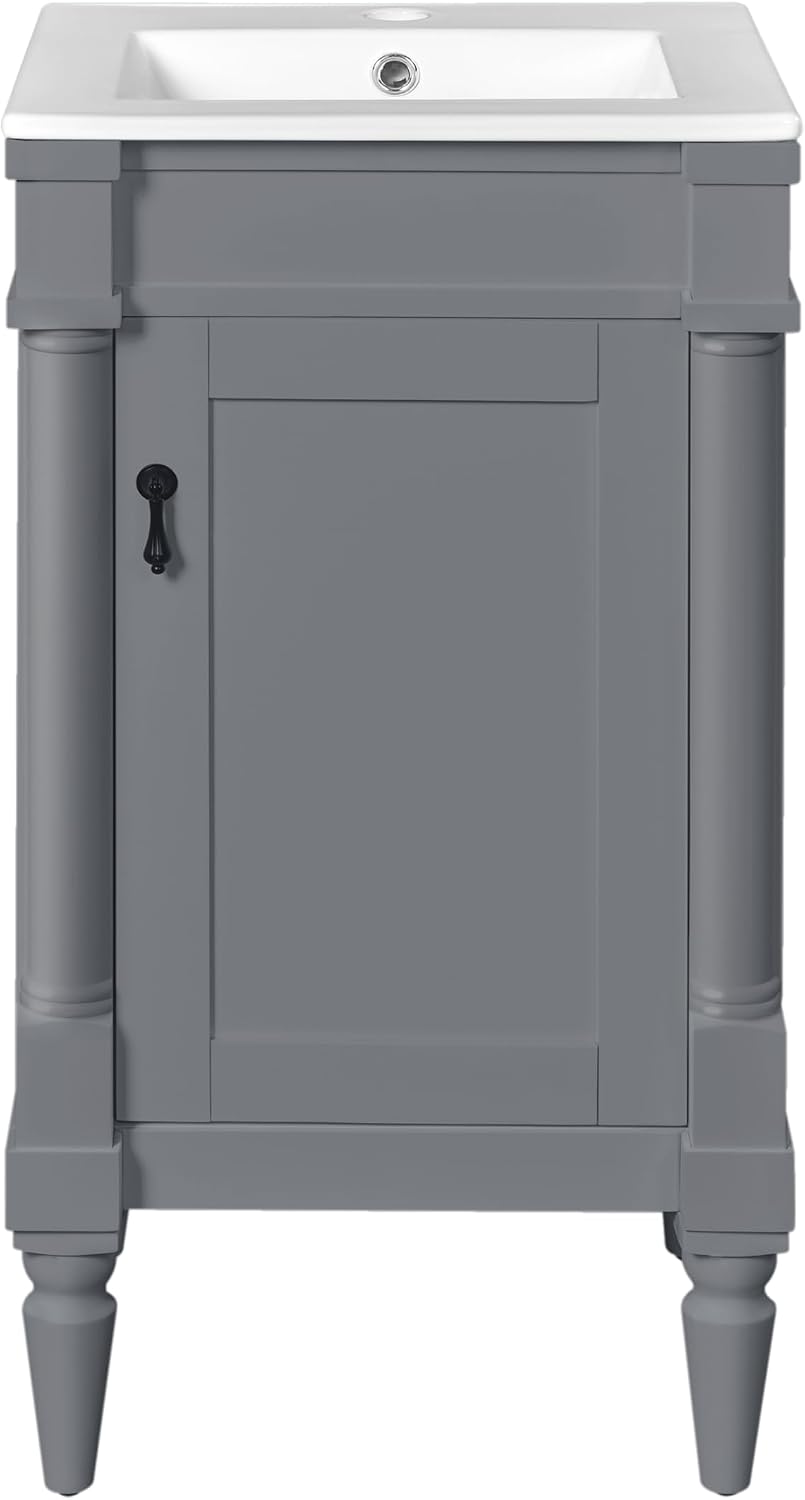 VilroCaz Modern 18'' Bathroom Vanity with Top Sink, Freestanding Bathroom Storage Cabinet with Door and Adjustable Shelf, Single Sink Cabinet with Nordic Style Legs (Gray-Retro)