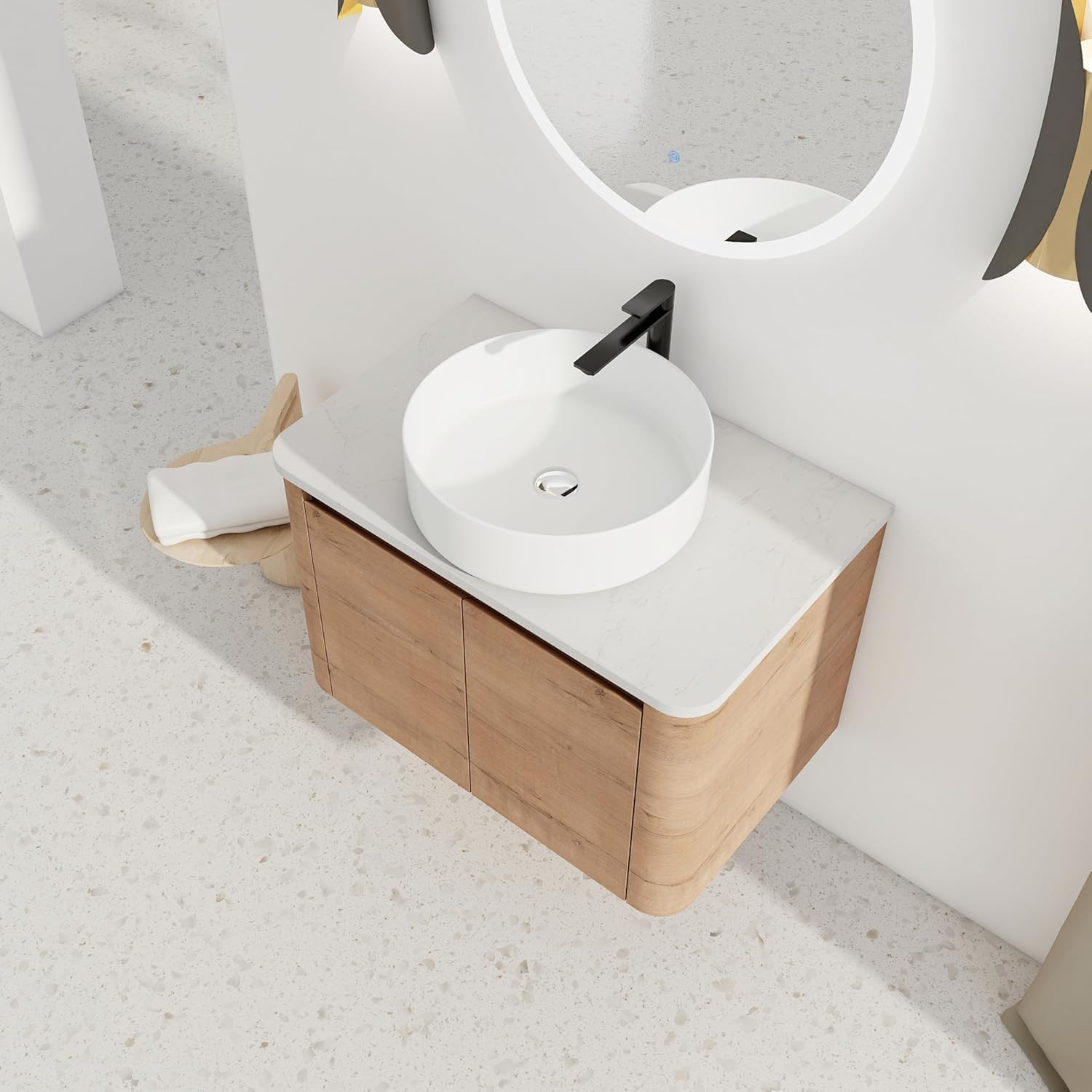 30 Inch Wall-Mounted Bathroom Vanity with Sink Combo Modern Floating Bathroom Vanitites with Round Ceramic Vessel Sink 30' Bathroom Sink Cabinet with Marble Counter Top & Soft Closing Door