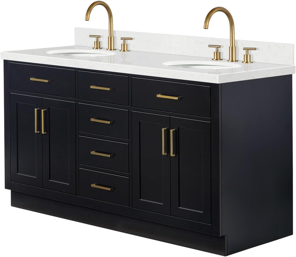 ARIEL Hepburn 60-inch Bathroom Vanity with Sink,Solid Wood, 1.5-inch Carrara White Quartz Countertop & Backsplash, Double Oval Porcelain Sink, 4 Soft Closing Doors, 6 Dovetail Drawers, Black