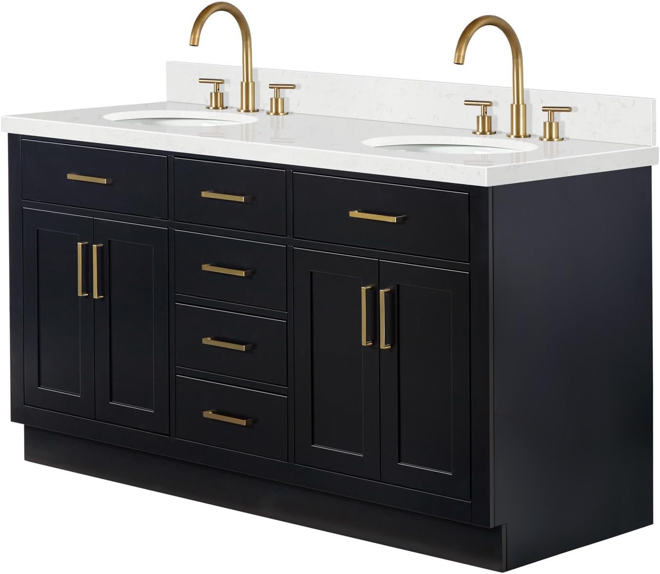 ARIEL Hepburn 60-inch Bathroom Vanity with Sink,Solid Wood, 1.5-inch Carrara White Quartz Countertop & Backsplash, Double Oval Porcelain Sink, 4 Soft Closing Doors, 6 Dovetail Drawers, Black