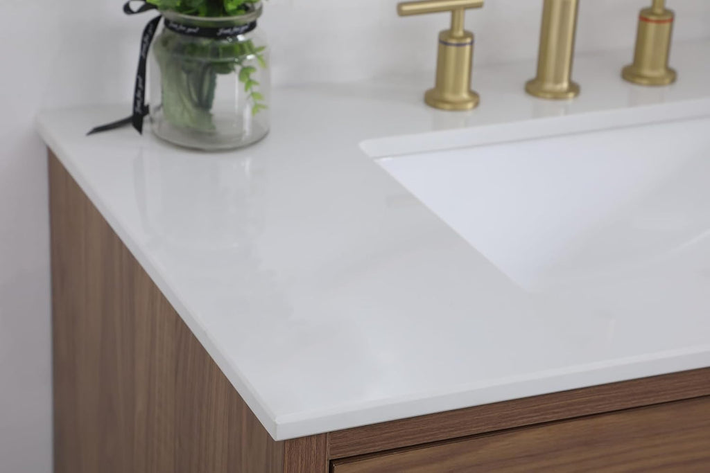 36' Pre-Assembled Bathroom Vanity with Sink, Engineered Wood, Ivory White Engineered Marble Countertop Attached, Single Rectangle Porcelain Sink, 2 Soft-Close Drawers, Walnut Brown