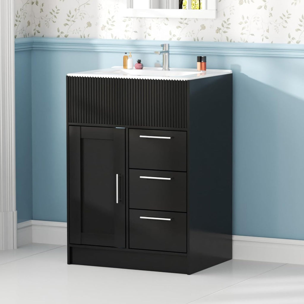 Kikihouse 24 Inch Bathroom Vanity with Sink, Freestanding Modern Bathroom Vanity Cabinet with Ceramic Basin, Single Sink Small Bathroom Vanity for Apartment (Black, 24 inch)
