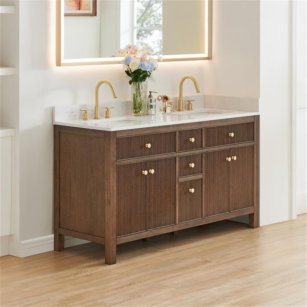 Pemberly Row 60' Wood Bathroom Vanity, Brown Brushed Oak, Fluted Doors, Grain White Engineered Stone Top, Soft-Closing Storage, Ceramic Undermount Sink, Modern Design for Bathroom Elegance