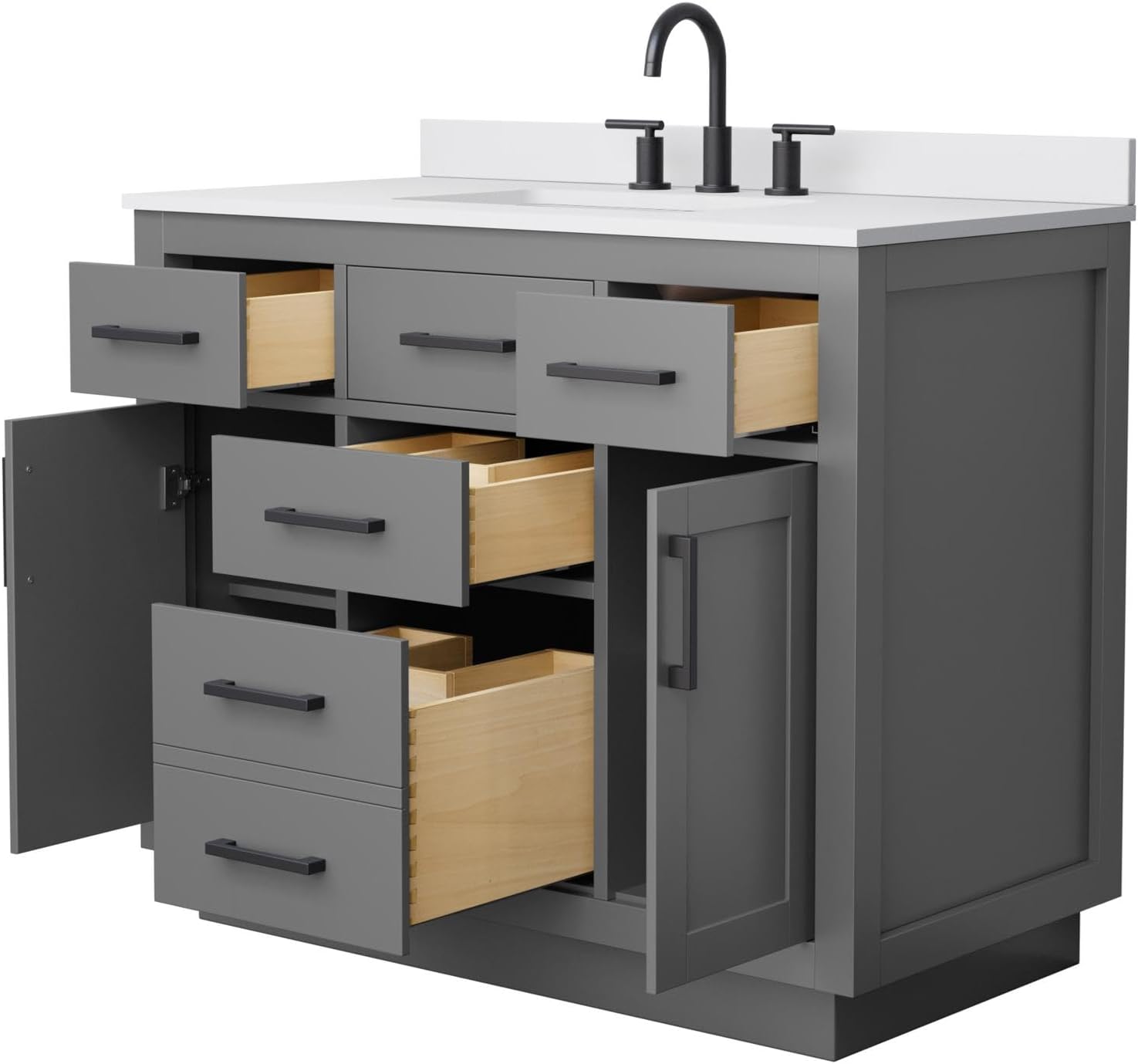 Wyndham Collection Beckett 42 Inch Single Bathroom Vanity with Toe Kick in Dark Gray, White Cultured Marble Countertop, Undermount Square Sink (3-Hole), Matte Black Trim