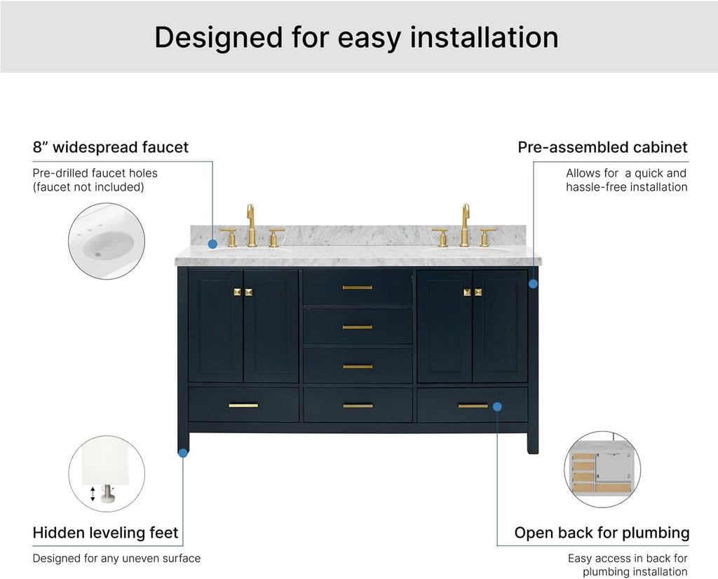 ARIEL Cambridge 66-inch Bathroom Vanity with Sink,Solid Wood, 1.5-inch Italian Carrara Marble Countertop, Double Oval Porcelain Sink, 4 Soft Closing Doors, 6 Dovetail Drawers, Midnight Blue