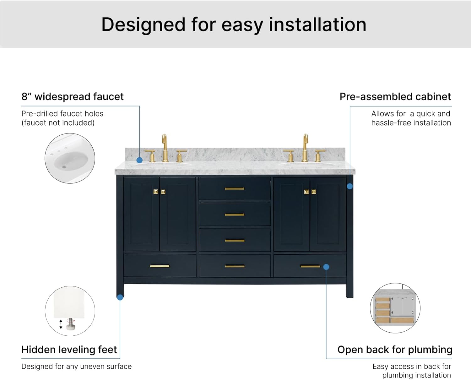 ARIEL Cambridge 66-inch Bathroom Vanity with Sink,Solid Wood, 1.5-inch Italian Carrara Marble Countertop, Double Oval Porcelain Sink, 4 Soft Closing Doors, 6 Dovetail Drawers, Midnight Blue