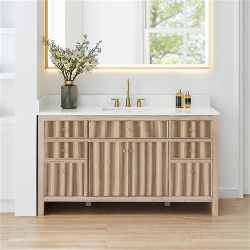 Pemberly Row 60' Single Wood Bathroom Vanity, Natural Oak Finish, White Engineered Stone Top, Fluted Doors, 7 Drawers, Ceramic Undermount Sink, Contemporary Style Without Mirror