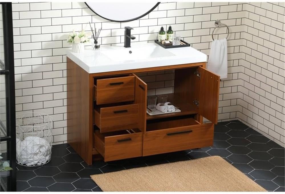 Pemberly Row 42' Aluminum Alloy and MDF Bathroom Vanity, Teak Finish, White Resin Countertop with Integrated Sink, Soft-Close Doors and Drawer, Modern Space-Saving Design for Bathrooms or Powder Rooms