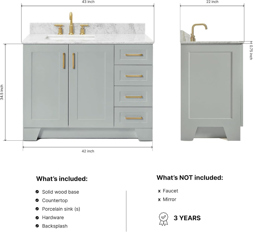 ARIEL Taylor 42-inch Bathroom Vanity with Sink,Solid Wood, 0.75-inch Italian Carrara Marble Countertop, Single Rectangular Porcelain Sink, 2 Soft Closing Doors, 5 Dovetail Drawers, Grey