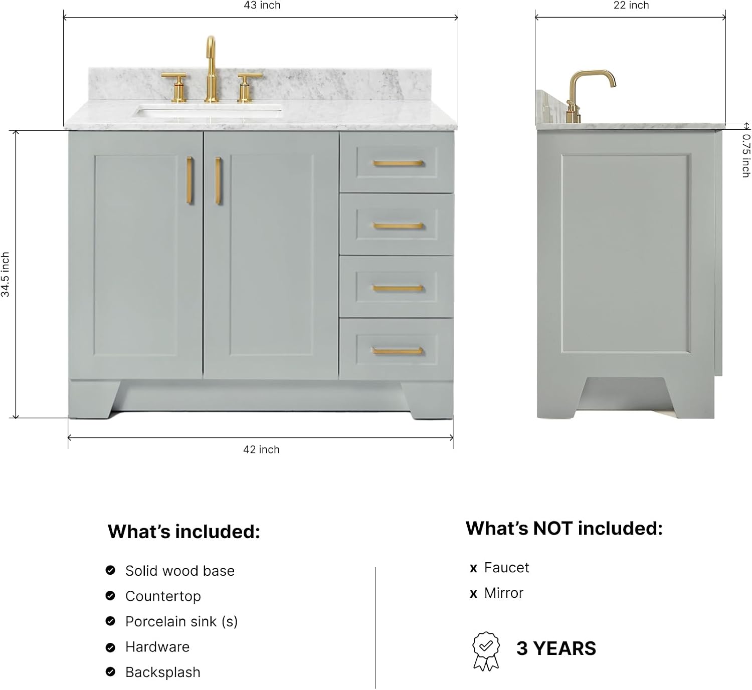 ARIEL Taylor 42-inch Bathroom Vanity with Sink,Solid Wood, 0.75-inch Italian Carrara Marble Countertop, Single Rectangular Porcelain Sink, 2 Soft Closing Doors, 5 Dovetail Drawers, Grey