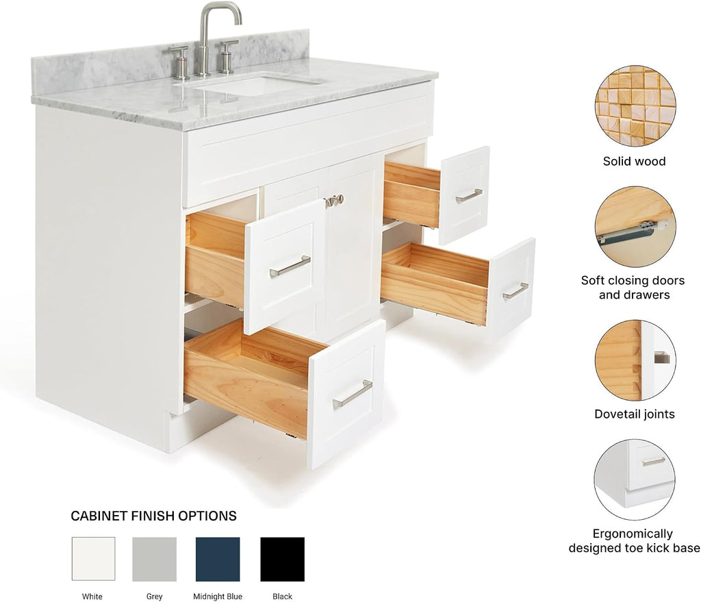 ARIEL Hamlet 48-inch Bathroom Vanity with Sink,Solid Wood, 0.75-inch Italian Carrara Marble Countertop, Single Rectangular Porcelain Sink, Soft Closing Doors, Dovetail Drawers, White