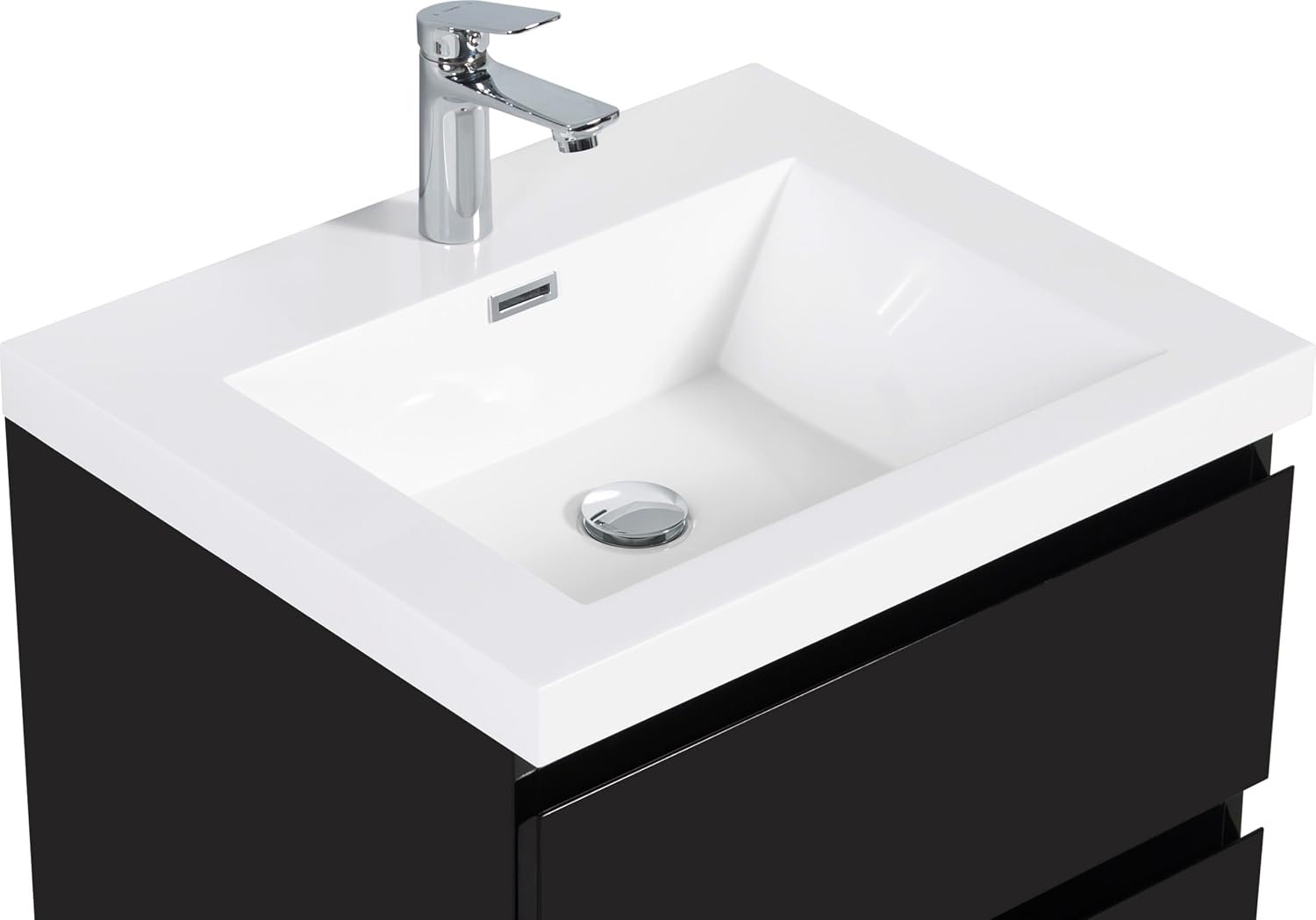 Neftis 24-Inch Floating Vanity with Sink, Pre-Assembled Modern Bathroom Vanity Sink Combo with Storage, Soft-Closing Drawers, One-piece Countertop White Resin Sink, Glossy Black Vanity for Bathroom