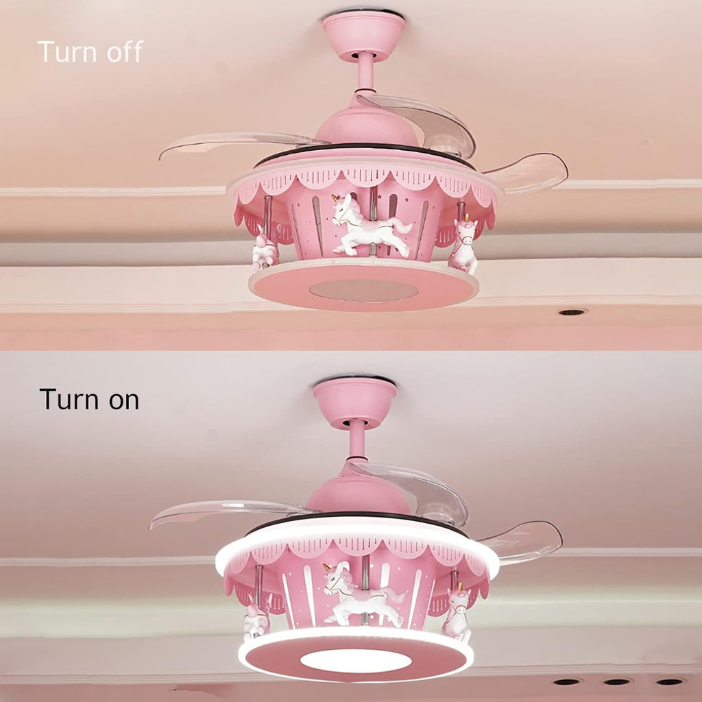 Cartoon Pink Ceiling Fan with Lights Kids LED Ceiling Lamp Creative Carousel with Invisible Blades Close to Ceiling Lighting for Living Room Bedroom
