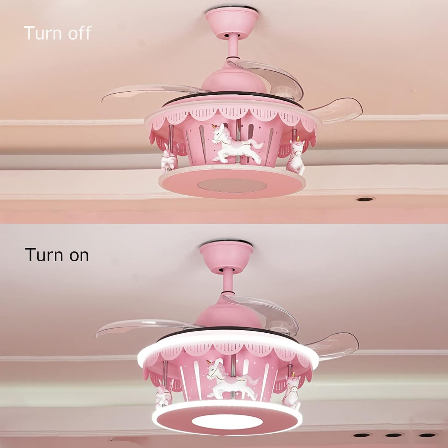 Cartoon Pink Ceiling Fan with Lights Kids LED Ceiling Lamp Creative Carousel with Invisible Blades Close to Ceiling Lighting for Living Room Bedroom