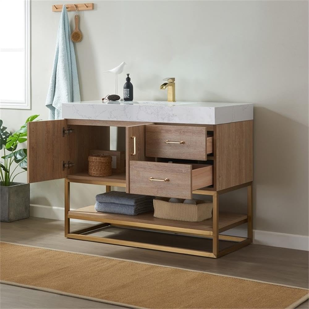 Pemberly Row 42' White Grain Stone Top Bathroom Vanity, Oak Finish, Solid Wood Construction, Ceramic Sink with Overflow, Brushed Gold Hardware, Soft-Closing Doors and Drawers, Contemporary Style