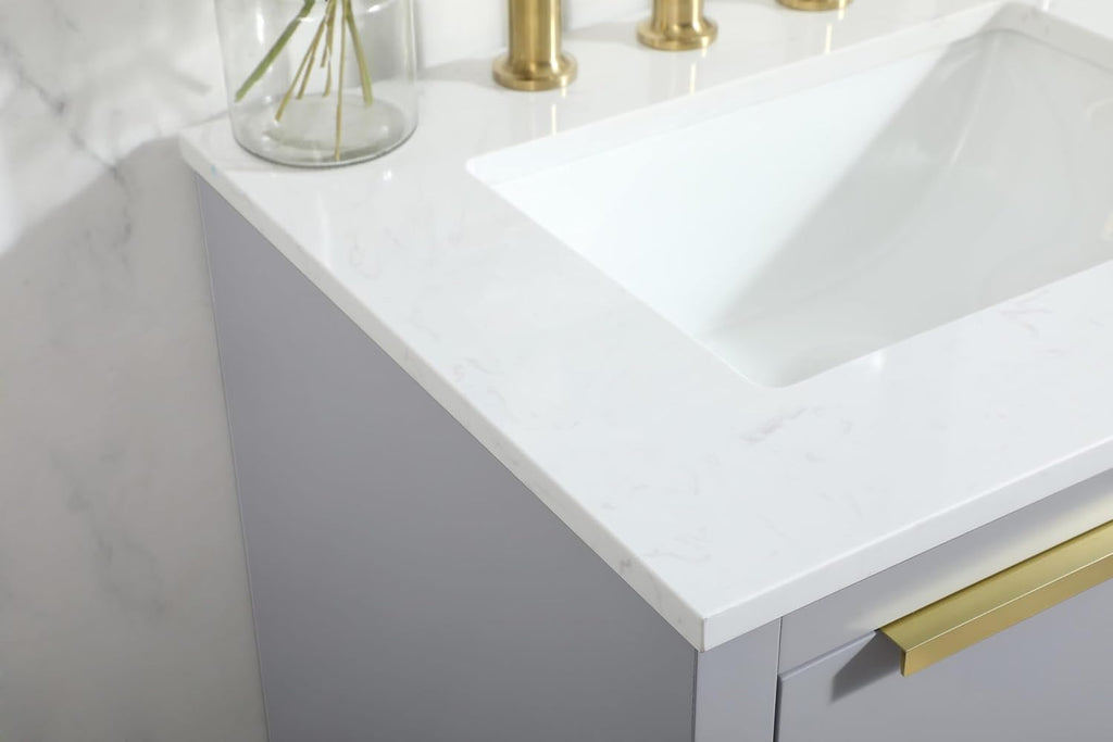 24' Pre-Assembled Bathroom Vanity with Sink, MDF Engineered Wood, Calacatta White Engineered Marble Countertop Attached, Single Rectangle Porcelain Sink, 1 Soft-Close Drawers, Grey