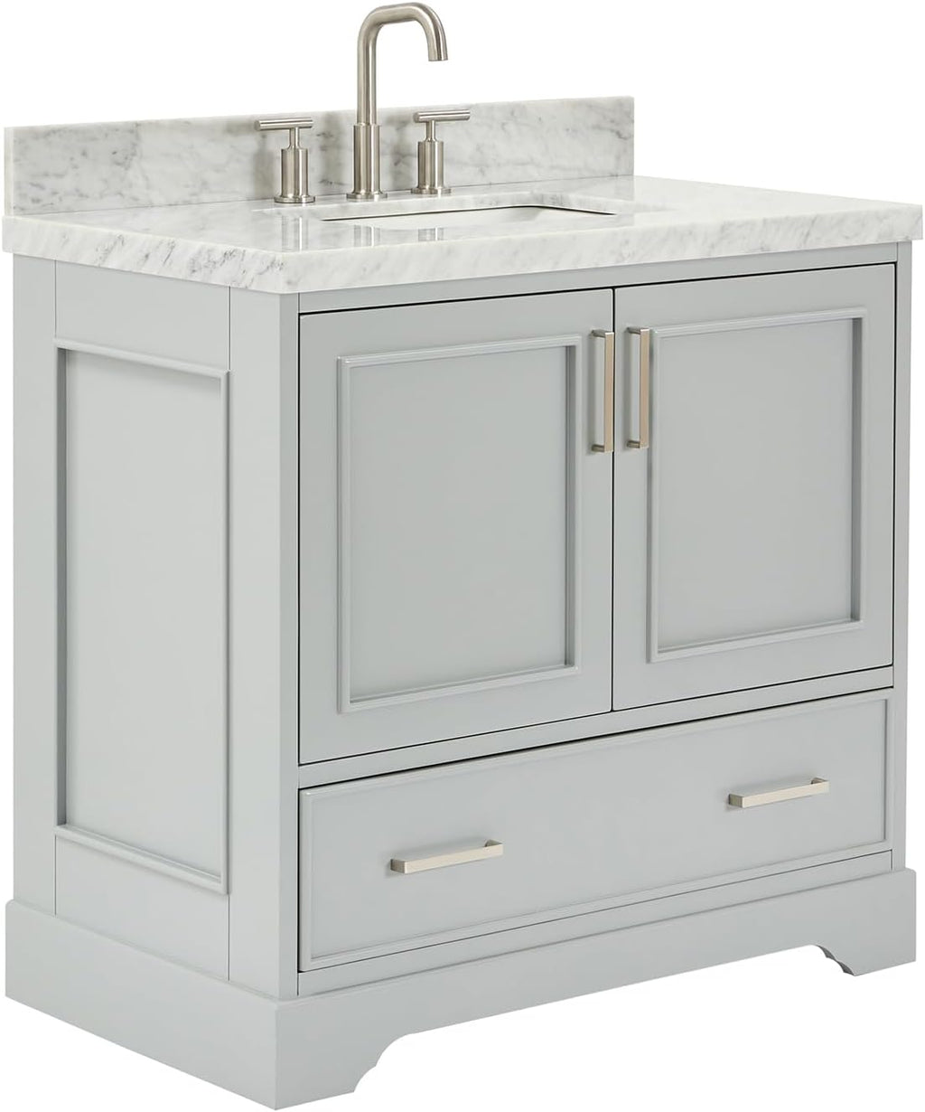ARIEL Stafford 36-inch Bathroom Vanity with Sink,Solid Wood, 1.5-inch Italian Carrara Marble Countertop, Single Rectangular Porcelain Sink, Soft Closing Doors, Dovetail Drawers, Grey