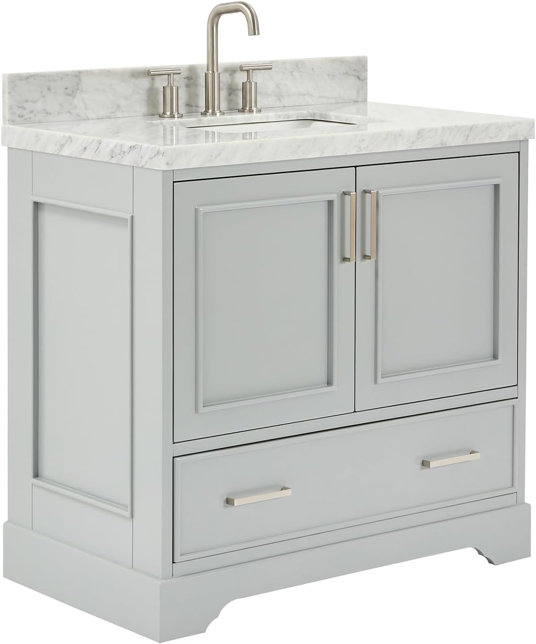 ARIEL Stafford 36-inch Bathroom Vanity with Sink,Solid Wood, 1.5-inch Italian Carrara Marble Countertop, Single Rectangular Porcelain Sink, Soft Closing Doors, Dovetail Drawers, Grey