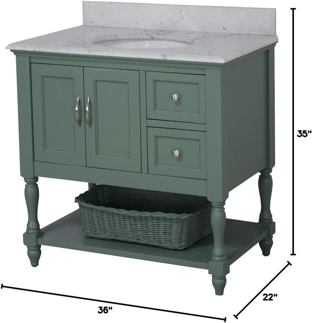 Kitchen Bath Collection Beverly 36-inch Bathroom Vanity (Carrara/Sage Green): Includes Sage Green Cabinet with Authentic Italian Carrara Marble Countertop and White Ceramic Sink