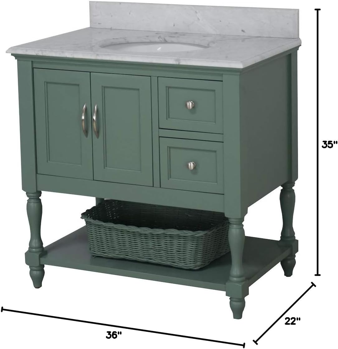 Kitchen Bath Collection Beverly 36-inch Bathroom Vanity (Carrara/Sage Green): Includes Sage Green Cabinet with Authentic Italian Carrara Marble Countertop and White Ceramic Sink