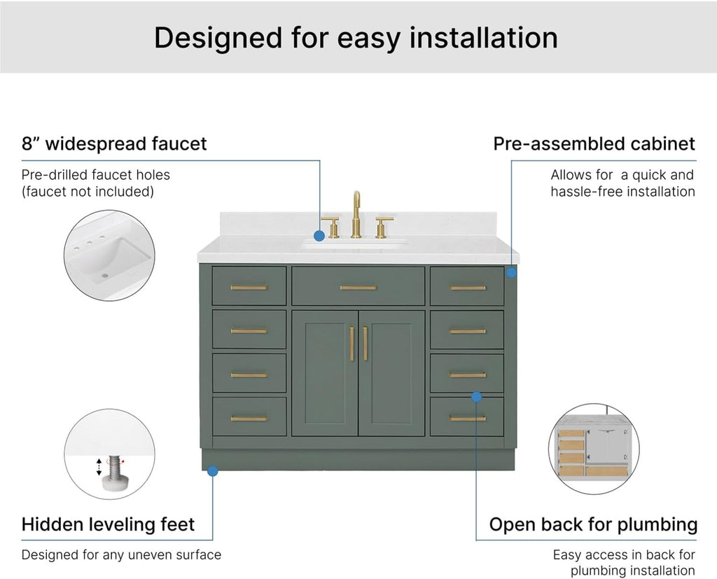ARIEL Hepburn 48-inch Bathroom Vanity with Sink,Solid Wood, 1.5-inch Carrara White Quartz Countertop, Single Rectangular Porcelain Sink, 2 Soft Closing Doors, 9 Dovetail Drawers, Vintage Green