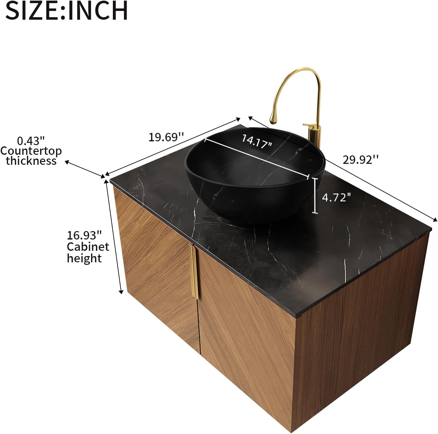 LKTART 30 Inch Bathroom Vanity with Sink, Modern Wall Mounted Bathroom Sink with 2 Doors, Black Sintered Stone Countertop and Gray-Black Bowl Ceramic Basin, Brown