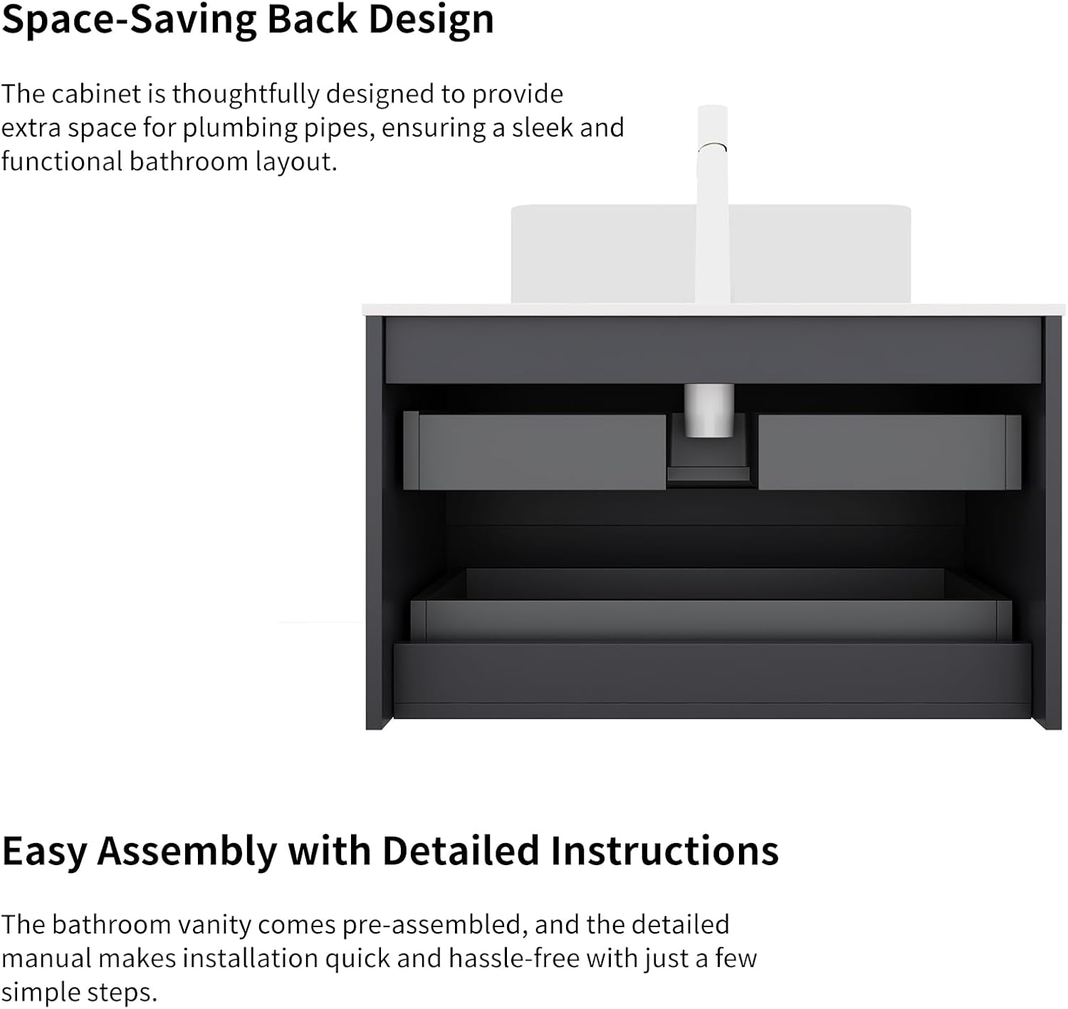 Yayzy 24' Floating Bathroom Vanity with Sink, Solid Wood Fluted Cabinet, White Round Ceramic Basin & Faux Marble Top, Soft-Close Drawer, Pre-Assembled, Gloss Black