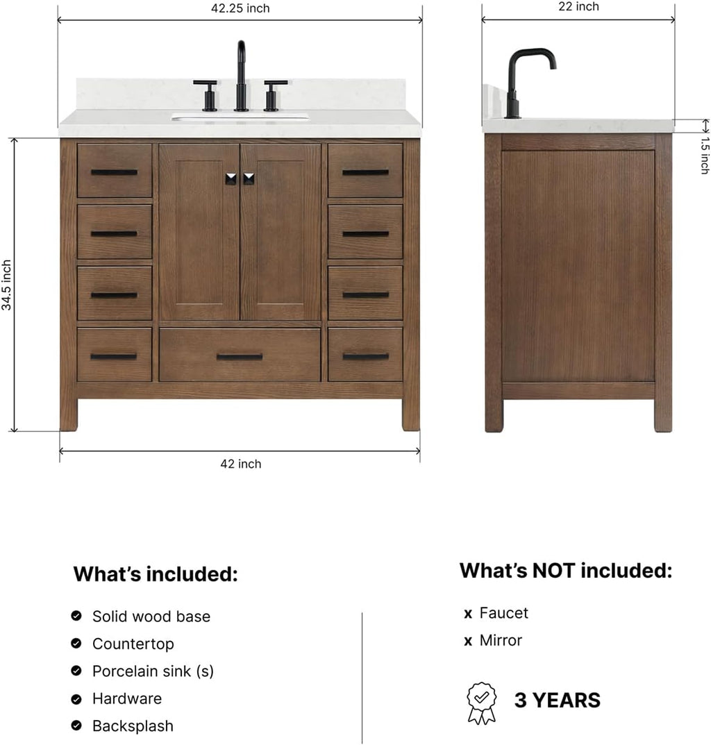 ARIEL Cambridge 42-inch Bathroom Vanity with Sink,Solid Wood, 1.5-inch Carrara White Quartz Countertop, Single Rectangular Porcelain Sink, 2 Soft Closing Doors, 9 Dovetail Drawers, Brown Oak