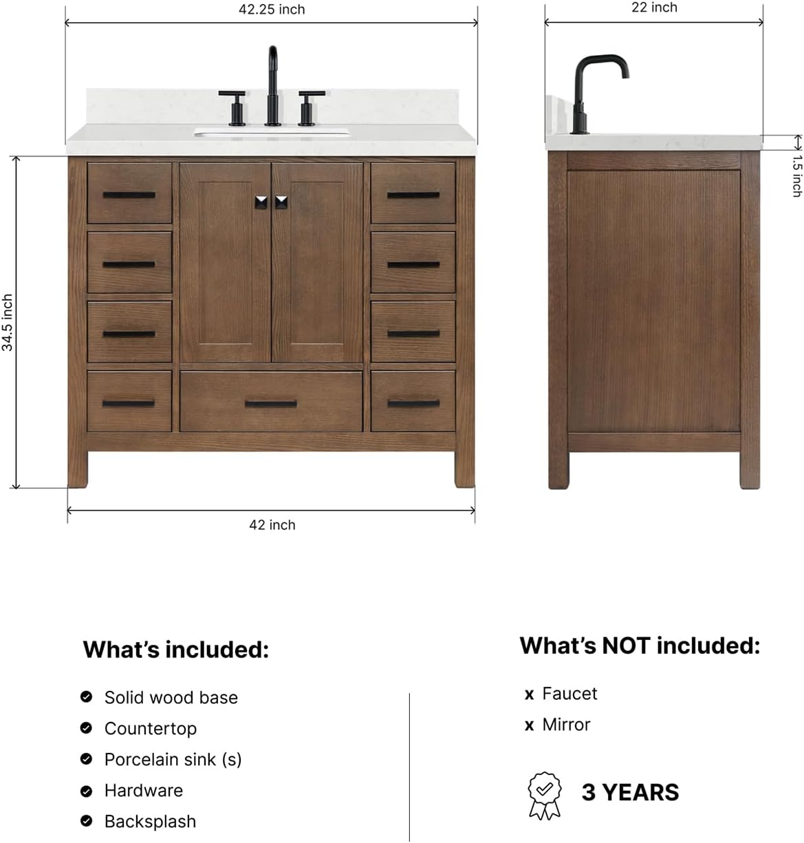 ARIEL Cambridge 42-inch Bathroom Vanity with Sink,Solid Wood, 1.5-inch Carrara White Quartz Countertop, Single Rectangular Porcelain Sink, 2 Soft Closing Doors, 9 Dovetail Drawers, Brown Oak