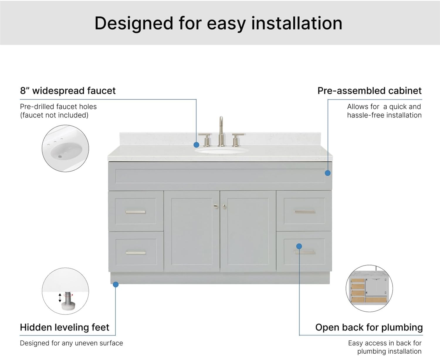 ARIEL Hamlet 60-inch Bathroom Vanity with Sink,Solid Wood, 1.5-inch Carrara White Quartz Countertop & Backsplash, Single Oval Porcelain Sink, 2 Soft Closing Doors, 4 Dovetail Drawers, Grey
