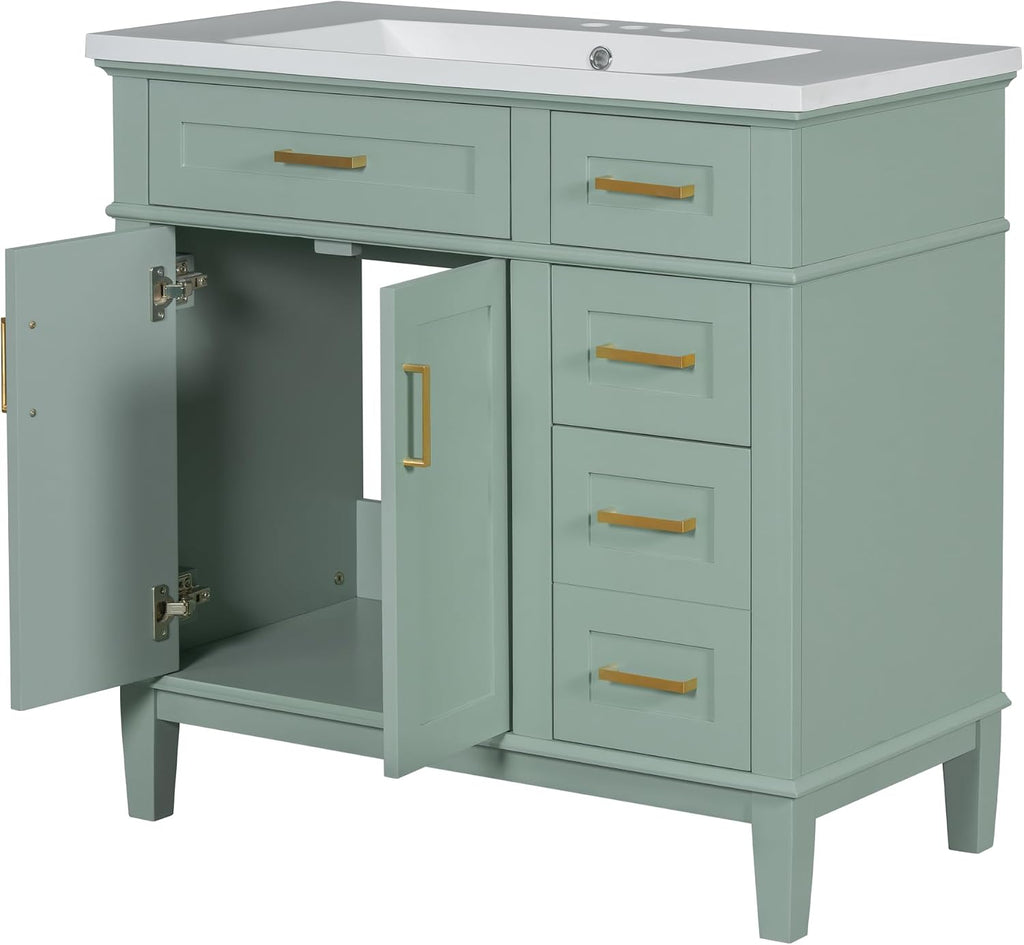 LUMISOL 36' Bathroom Vanity with Sink Combo, Modern Green Bathroom Storage Cabinet with Tip-Out Drawer, 3 Drawers & 2 Soft-Close Doors, Solid Wood Bathroom Vanity with Ceramic Sink, Green