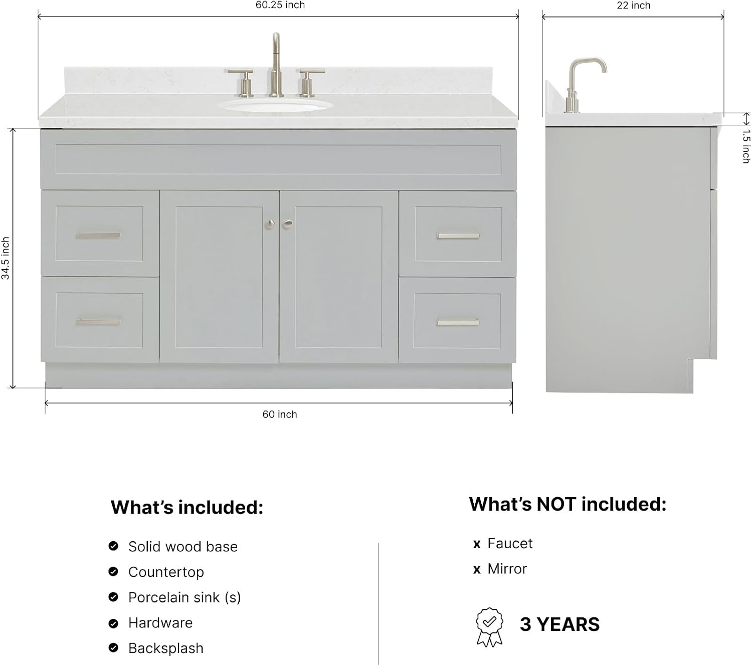ARIEL Hamlet 60-inch Bathroom Vanity with Sink,Solid Wood, 1.5-inch Carrara White Quartz Countertop & Backsplash, Single Oval Porcelain Sink, 2 Soft Closing Doors, 4 Dovetail Drawers, Grey