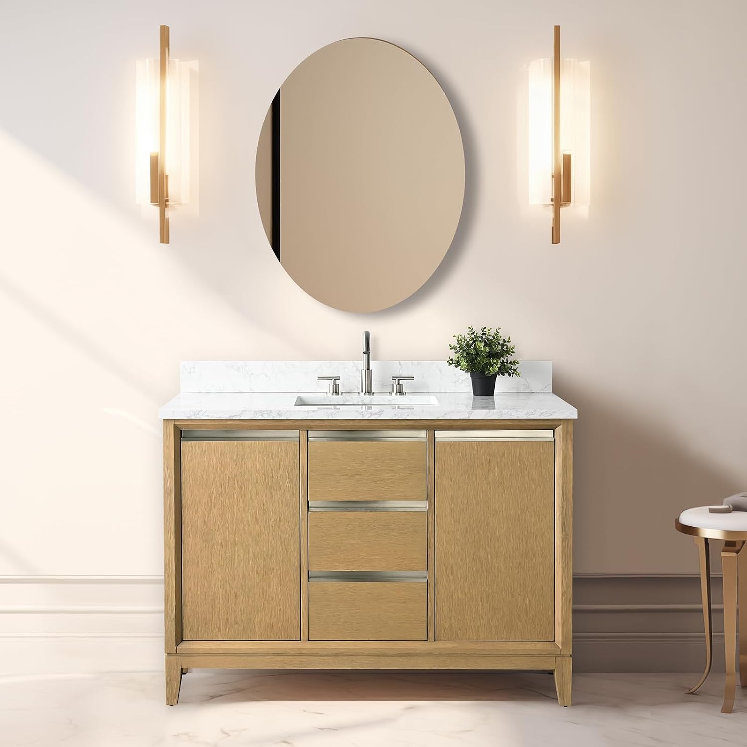 Vanity Art 48 inch Bathroom Vanity with Sink & Ceramic Top, Vanity Cabinet with Soft-Closing Doors, Drawers, Solid Wood Frame, Natural Oak, VA8048-NO1