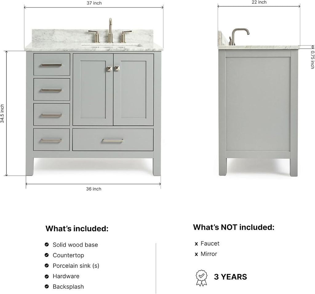 ARIEL Cambridge 36-inch Bathroom Vanity with Sink,Solid Wood, 0.75-inch Italian Carrara Marble Countertop, Single Rectangular Porcelain Sink, 2 Soft Closing Doors, 5 Dovetail Drawers, Grey