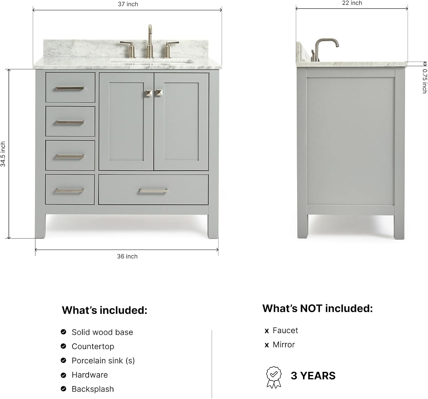 ARIEL Cambridge 36-inch Bathroom Vanity with Sink,Solid Wood, 0.75-inch Italian Carrara Marble Countertop, Single Rectangular Porcelain Sink, 2 Soft Closing Doors, 5 Dovetail Drawers, Grey