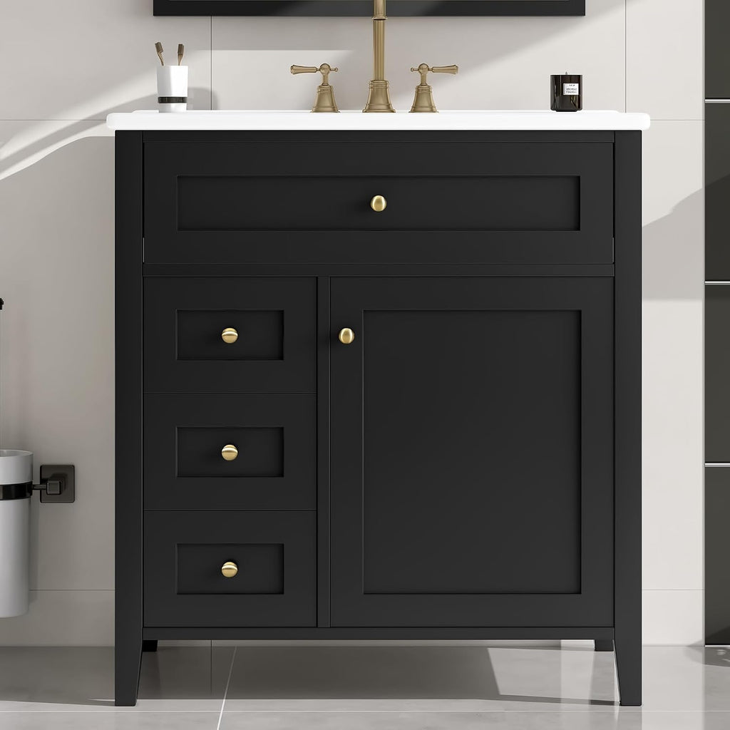 30-inch Bathroom Vanity with Sink Combo, Free-Standing Single Storage Cabinet with Tilt-Out Drawer, 3 Drawers, Adjustable Shelf & Storage Rack, Vanity with Ceramic Basin for Bathroom (Black)