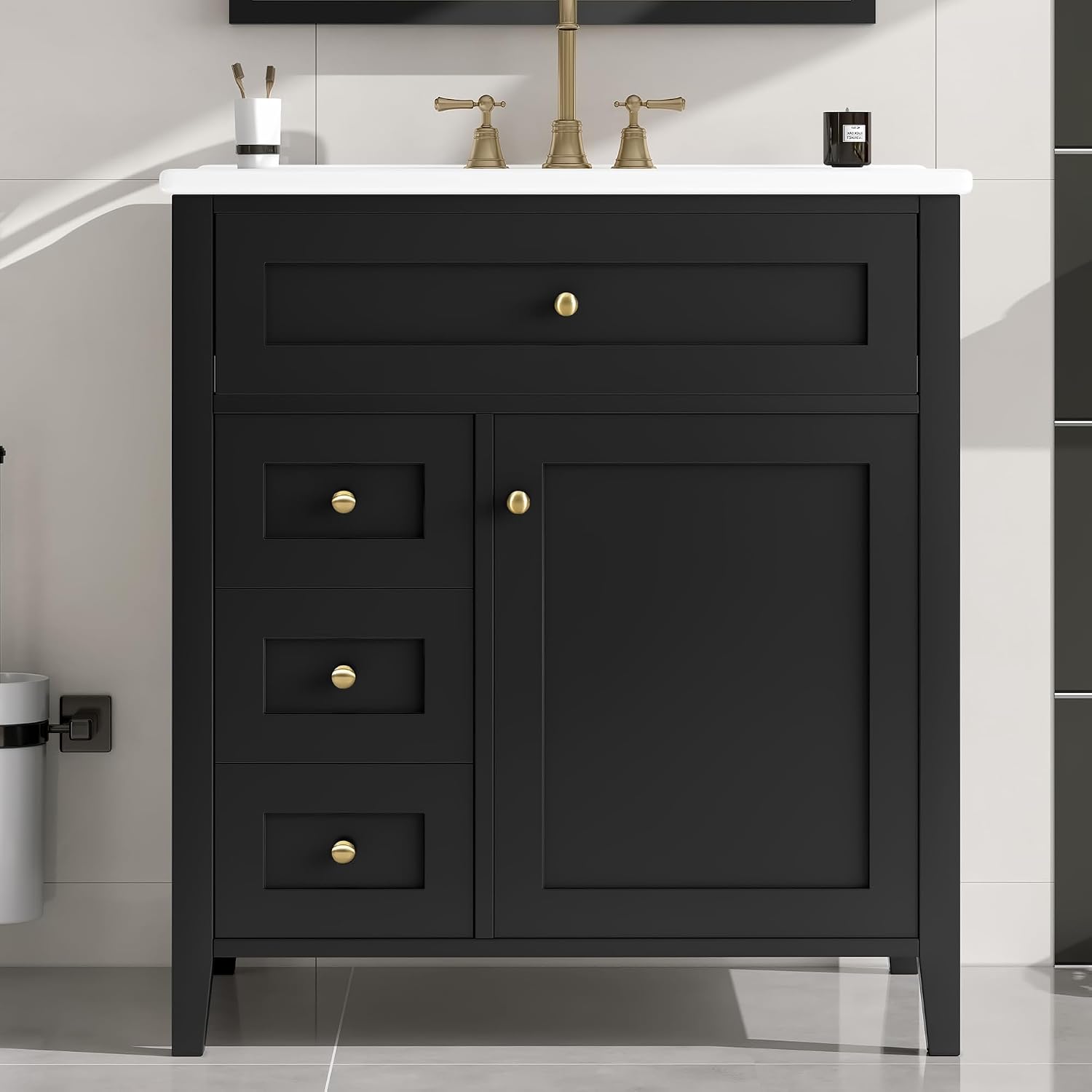 30-inch Bathroom Vanity with Sink Combo, Free-Standing Single Storage Cabinet with Tilt-Out Drawer, 3 Drawers, Adjustable Shelf & Storage Rack, Vanity with Ceramic Basin for Bathroom (Black)