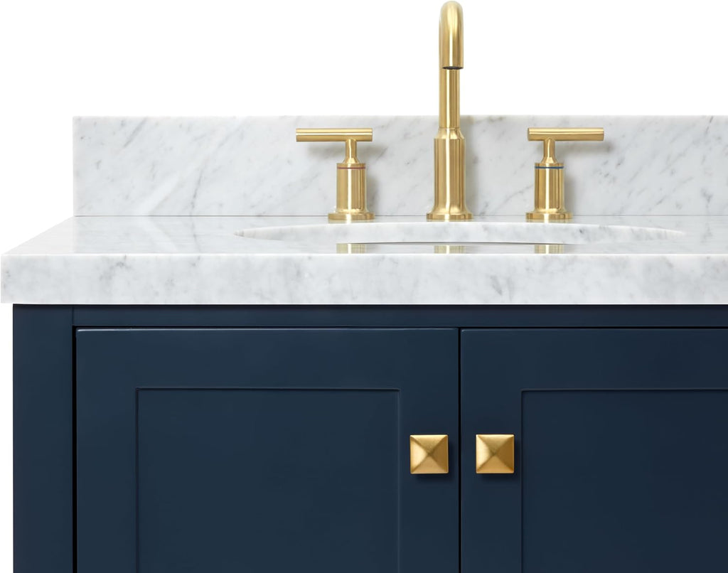 ARIEL Cambridge 42-inch Bathroom Vanity with Sink,Solid Wood, 1.5-inch Italian Carrara Marble Countertop, Single Oval Porcelain Sink, 2 Soft Closing Doors, 5 Dovetail Drawers, Midnight Blue