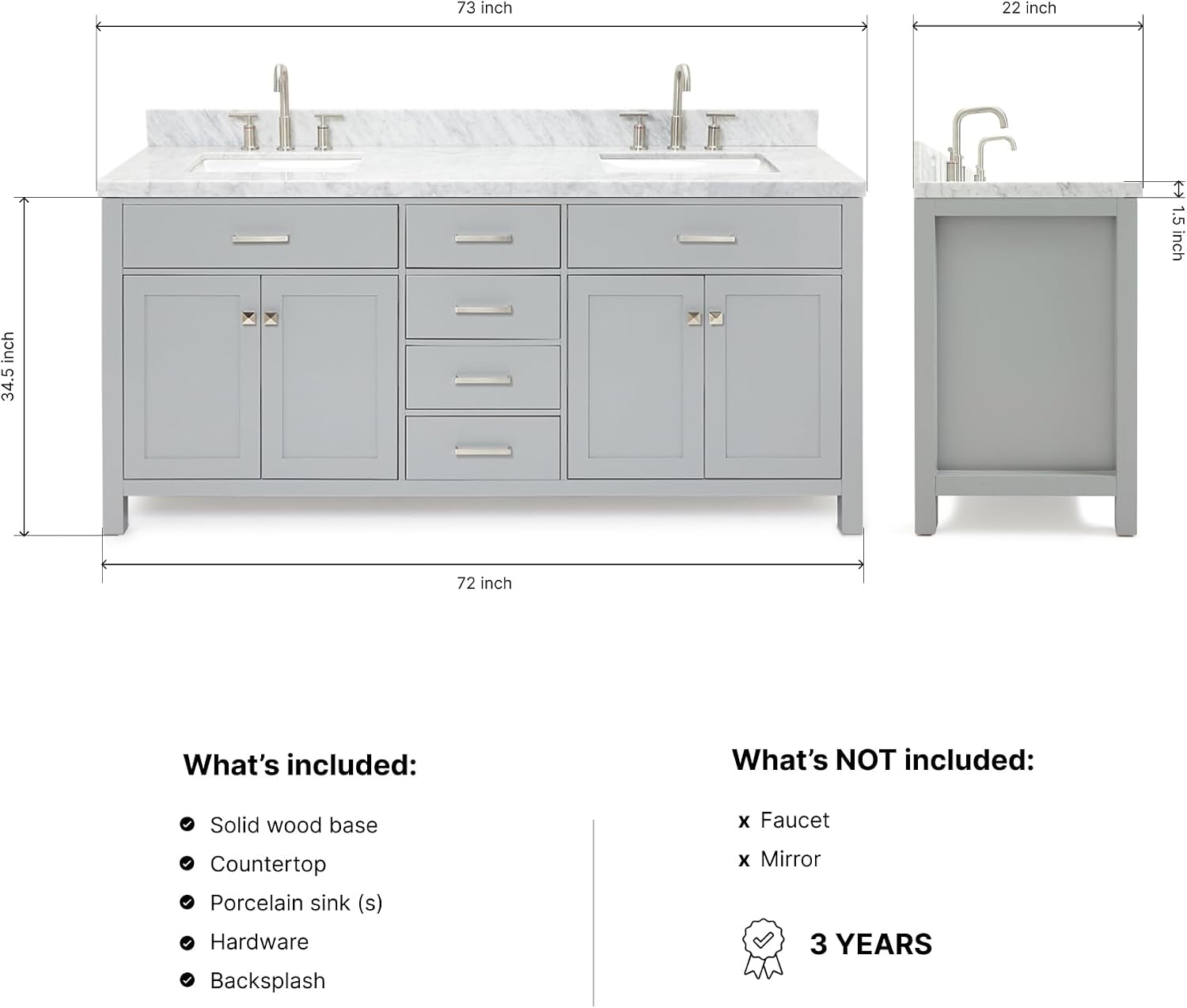 DKB Alenza 72 Inch Bathroom Vanity Double Sink — Grey Bathroom Vanity with Sink, 1.5' Edge Italian Carrara Marble Countertop & Backsplash, 4 Soft-Close Doors, 4 Dovetail Drawers