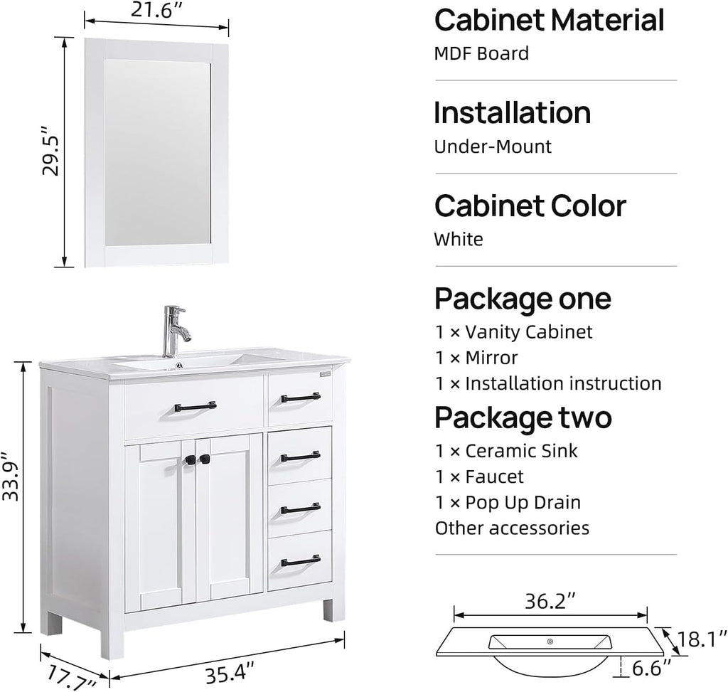36 inch Bathroom Vanity with Sink and Countertop Faucet Modern White | Freestanding bathroom vanity cabinet, ceramic single sink combo