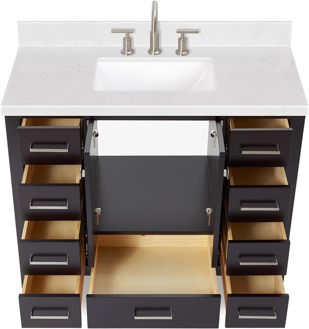 ARIEL Cambridge 42-inch Bathroom Vanity with Sink,Solid Wood, 1.5-inch Carrara White Quartz Countertop, Single Rectangular Porcelain Sink, 2 Soft Closing Doors, 9 Dovetail Drawers, Espresso