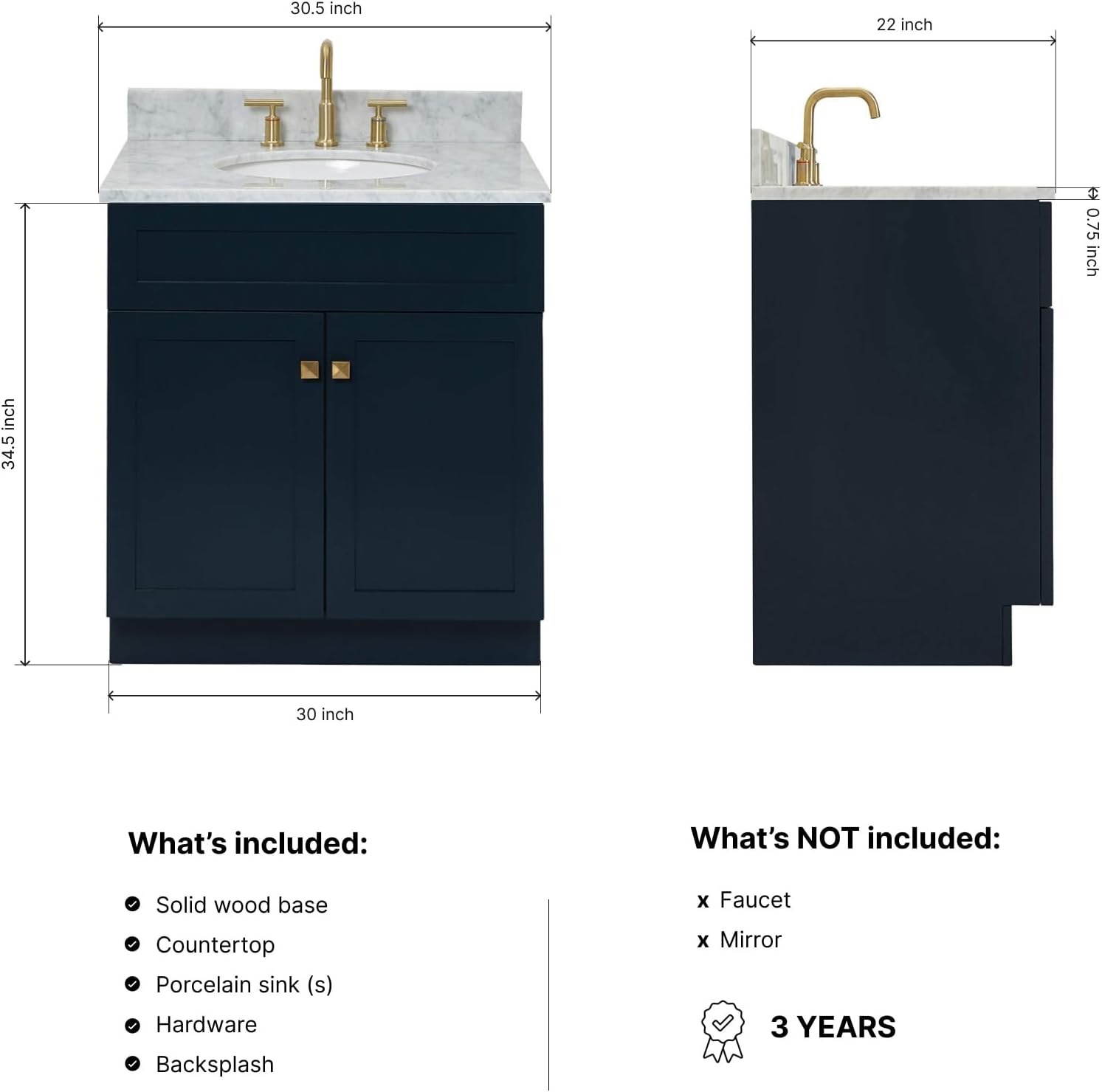 ARIEL Hamlet 30-inch Bathroom Vanity with Sink,Solid Wood, 0.75-inch Italian Carrara Marble Countertop & Backsplash, Single Oval Porcelain Sink, 2 Soft Closing Doors, Midnight Blue