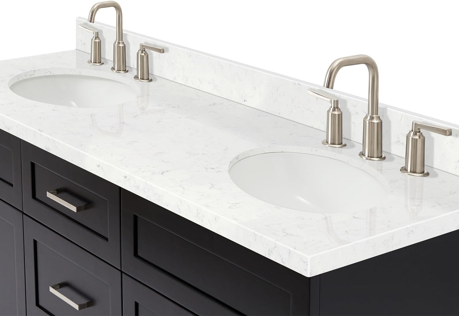 ARIEL Hamlet 66-inch Bathroom Vanity with Sink,Solid Wood, 1.5-inch Carrara White Quartz Countertop & Backsplash, Double Oval Porcelain Sink, 4 Soft Closing Doors, 3 Dovetail Drawers, Black