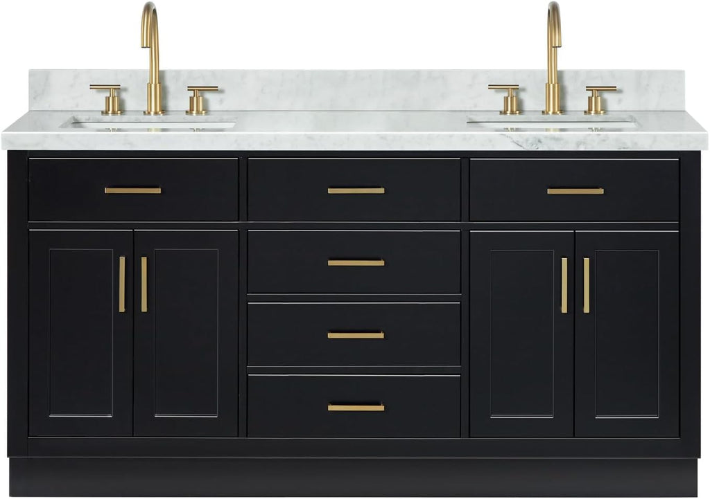 ARIEL Hepburn 66-inch Bathroom Vanity with Sink,Solid Wood, 1.5-inch Italian Carrara Marble Countertop, Double Rectangular Porcelain Sink, 4 Soft Closing Doors, 6 Dovetail Drawers, Black