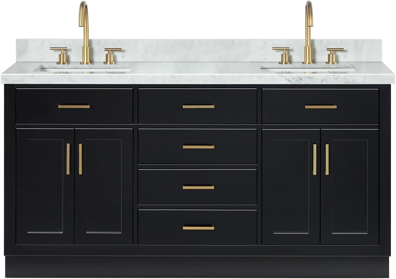 ARIEL Hepburn 66-inch Bathroom Vanity with Sink,Solid Wood, 1.5-inch Italian Carrara Marble Countertop, Double Rectangular Porcelain Sink, 4 Soft Closing Doors, 6 Dovetail Drawers, Black