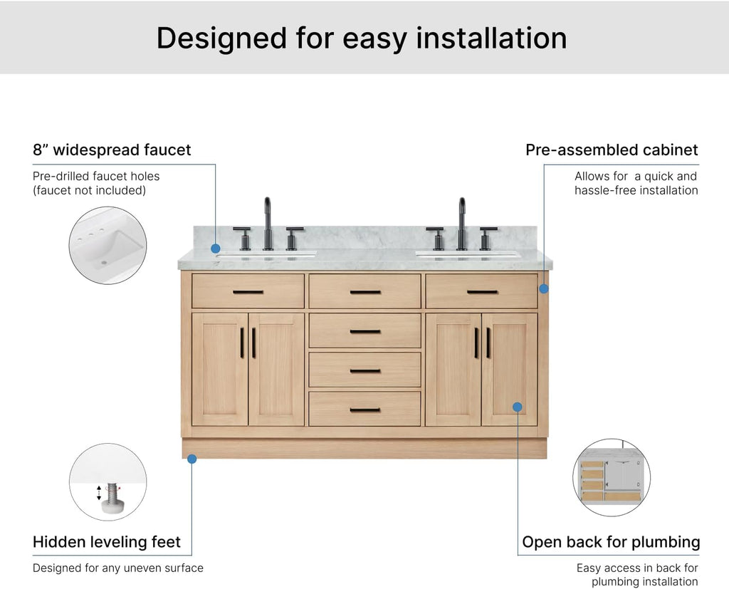 ARIEL Hepburn 66-inch Bathroom Vanity with Sink,Solid Wood, 1.5-inch Italian Carrara Marble Countertop, Double Rectangular Porcelain Sink, 4 Soft Closing Doors, 6 Dovetail Drawers, White Oak