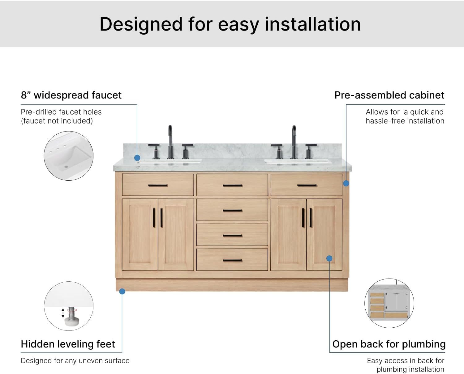 ARIEL Hepburn 66-inch Bathroom Vanity with Sink,Solid Wood, 1.5-inch Italian Carrara Marble Countertop, Double Rectangular Porcelain Sink, 4 Soft Closing Doors, 6 Dovetail Drawers, White Oak