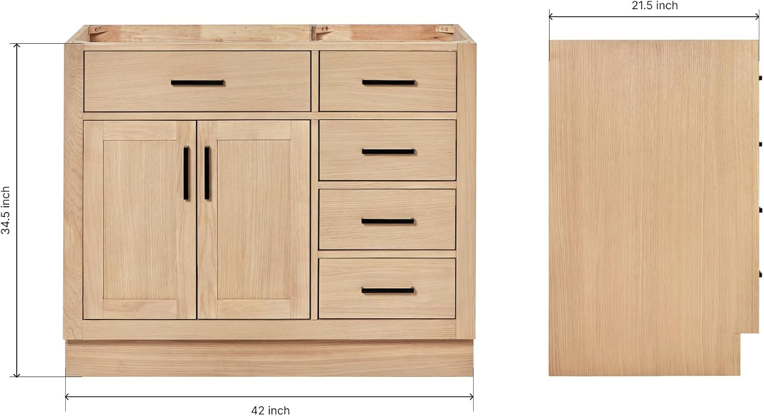 ARIEL Hepburn 42-inch Bathroom Vanity Base Cabinet,Solid Wood, 2 Soft Closing Doors, 5 Dovetail Drawers, White Oak