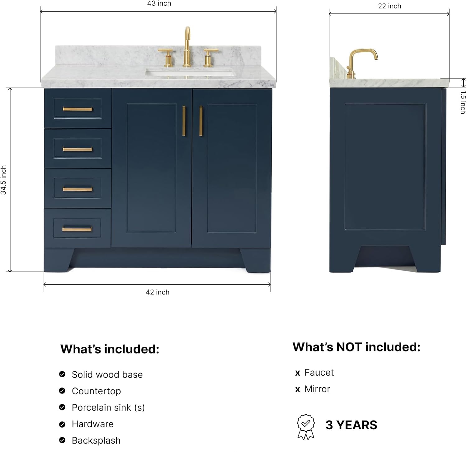 ARIEL Taylor 42-inch Bathroom Vanity with Sink,Solid Wood, 1.5-inch Italian Carrara Marble Countertop, Single Rectangular Porcelain Sink, 2 Soft Closing Doors, 5 Dovetail Drawers, Midnight Blue